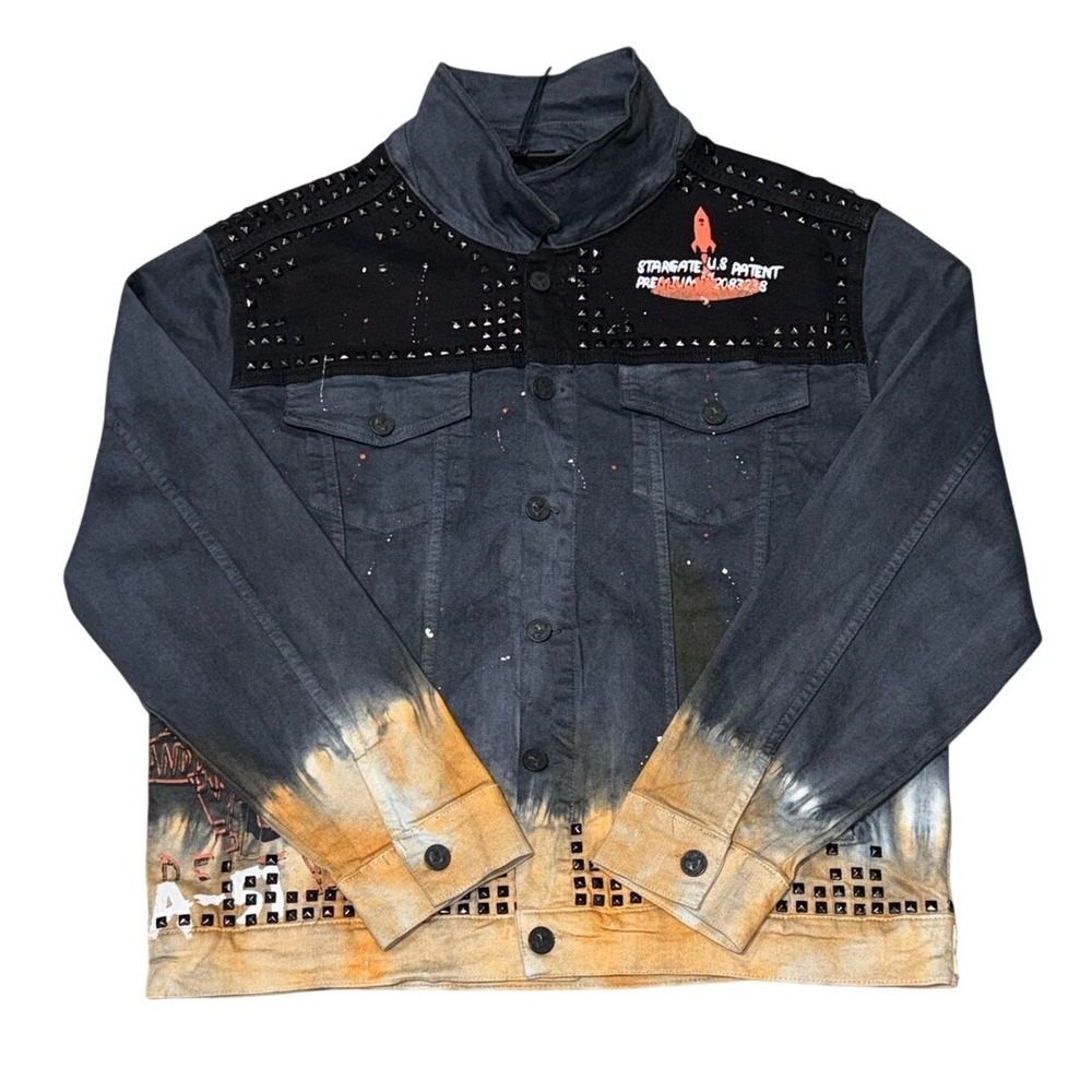ALIEN 51 *NWT* Studded Graphic Denim Jean Jacket Orange Black | Men's 2XL